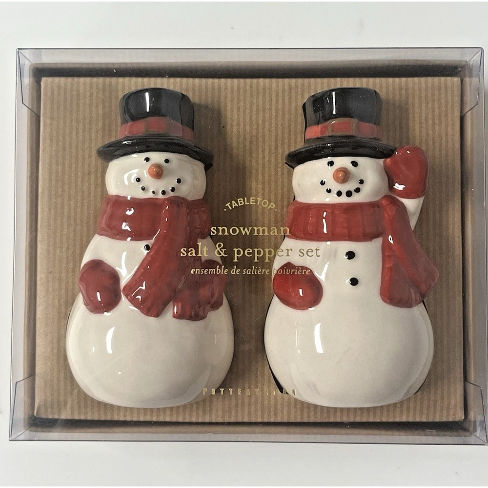 Pottery Barn Nostalgic Snowman Ceramic Salt & Pepper Shakers Christmas NIB!